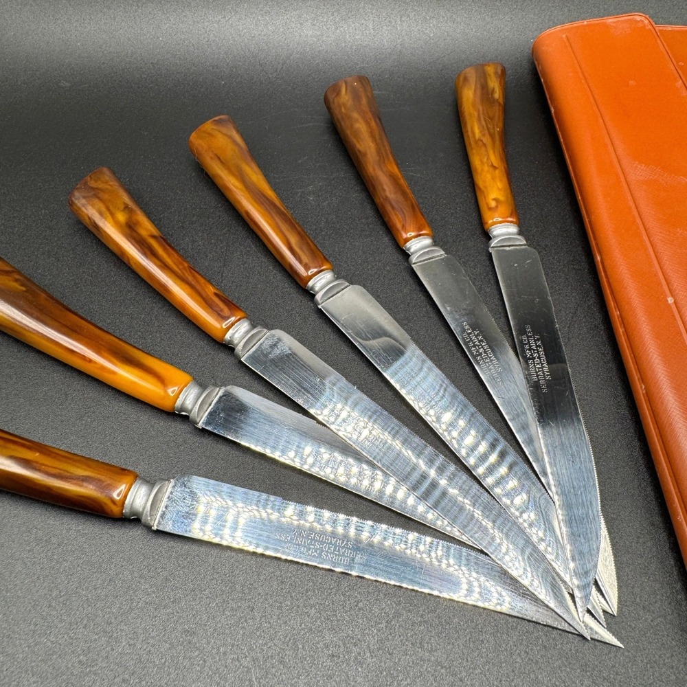 Vintage Burns Mfg Co Bakelite Steak Knives Set of 6 Serrated Stainless USA